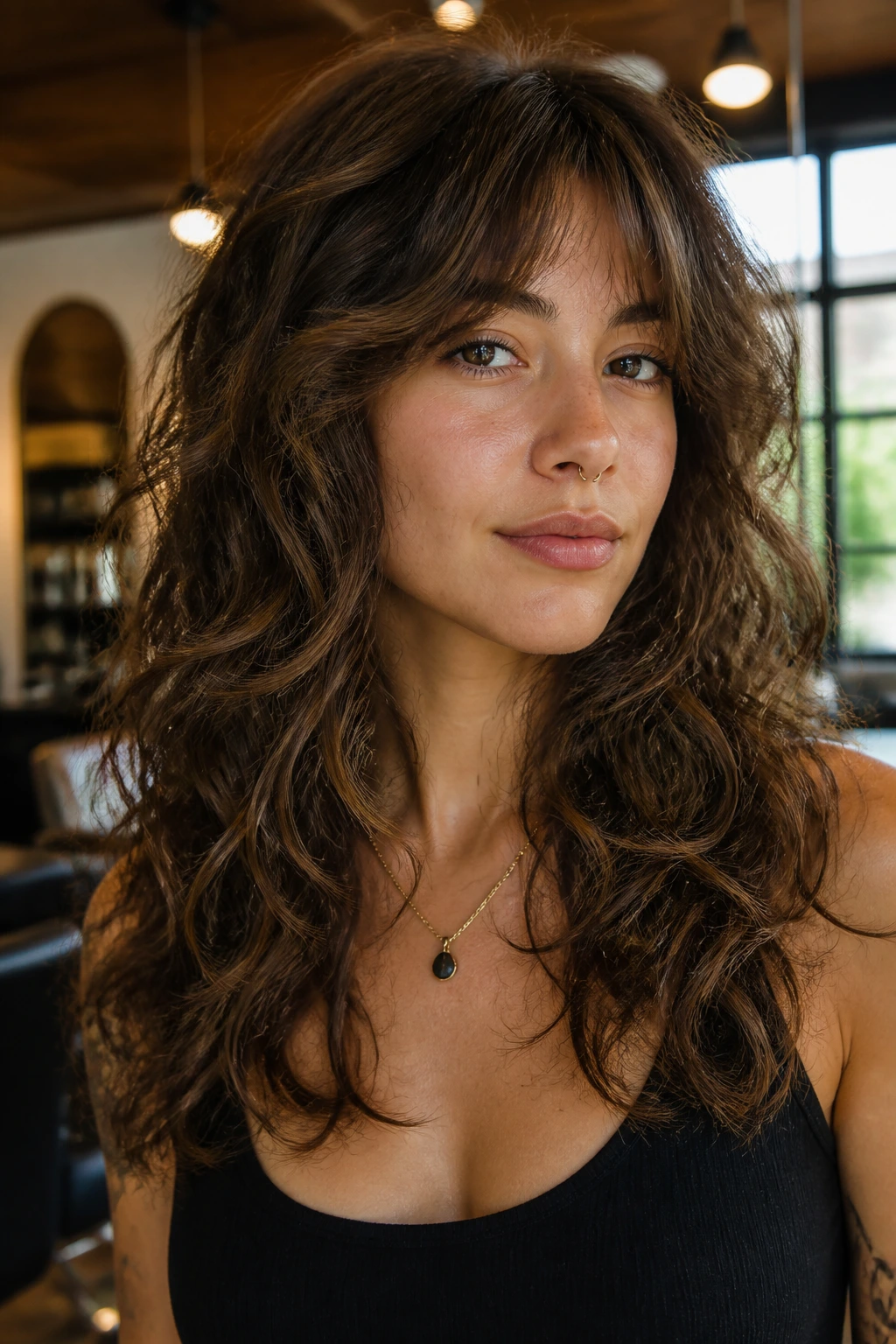 Close-up portrait of a person with a shaggy layered bob and loose curls in a salon