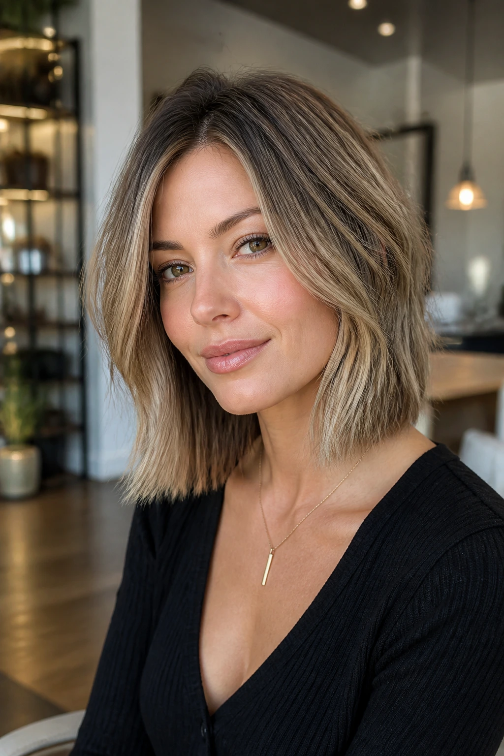 Portrait of a real woman with a collarbone-length front bob