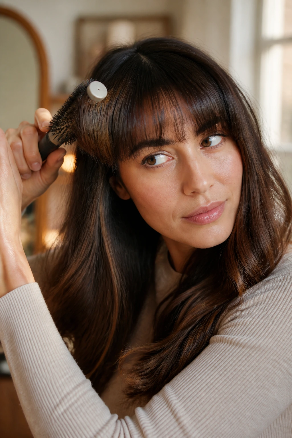 Portrait of woman styling chunky bangs with a round brush