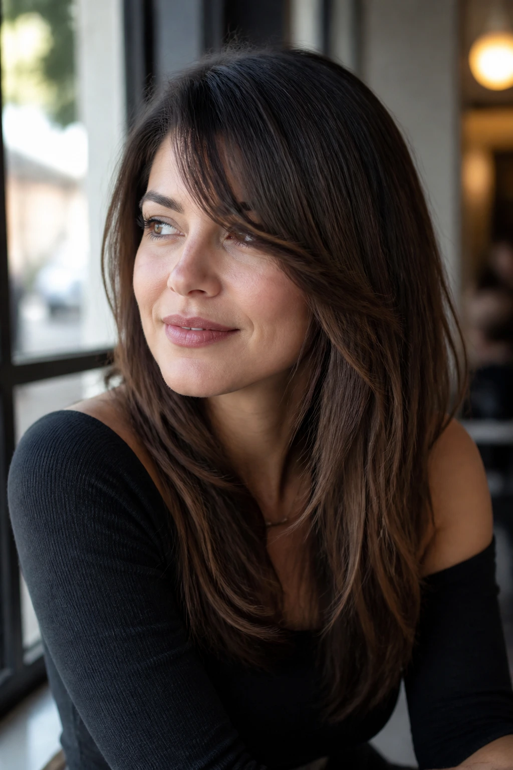 Portrait of a woman with long side-swept bangs in a cafe setting