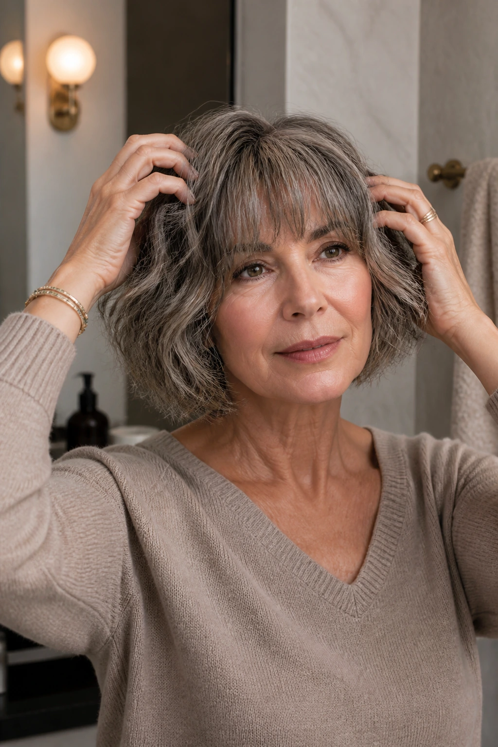 Mid-shot of a real person styling a wavy bob at a cozy bathroom vanity.