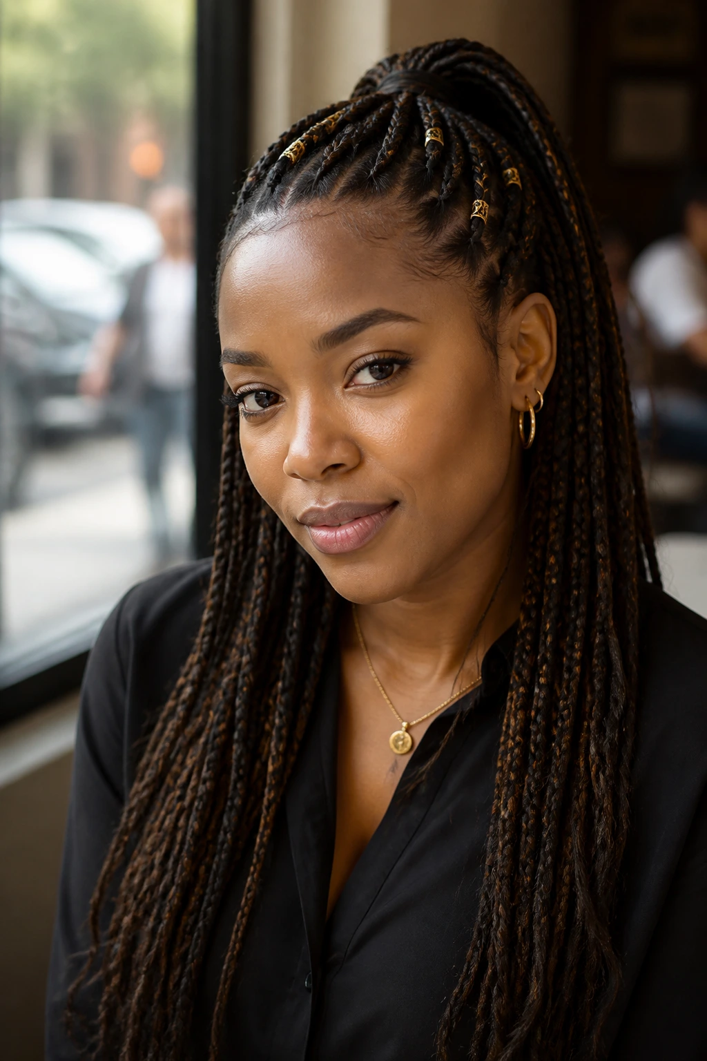 Portrait of a woman wearing braids in a real-life setting