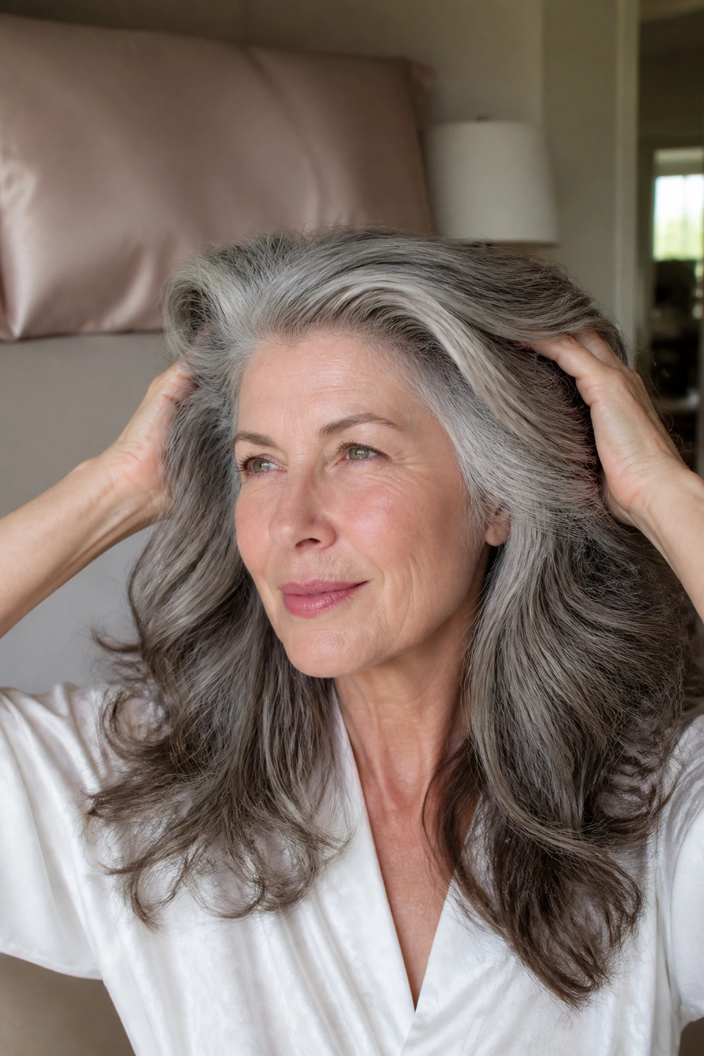 Close-up of a woman with thick hair practicing gentle daily habits at home.