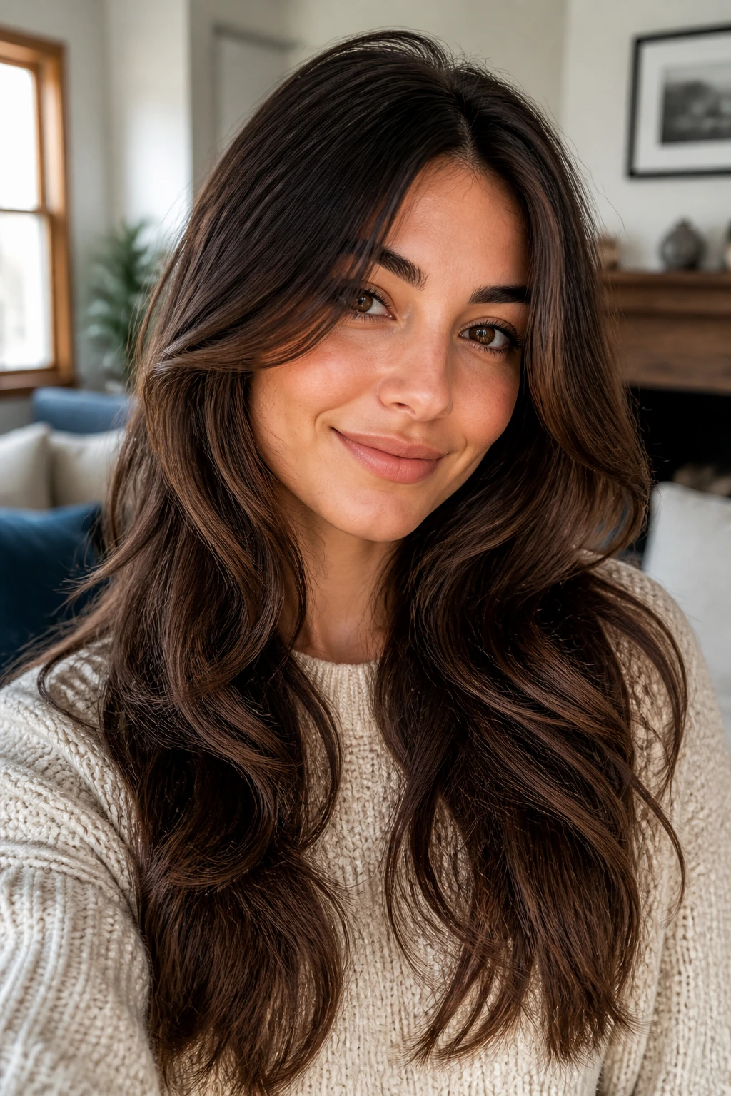 Portrait of a woman with day-to-day layered hairstyle in a cozy room