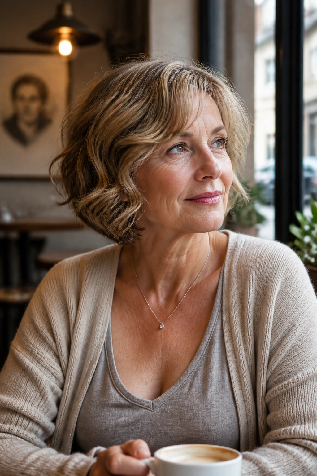 Woman with soft wavy bob in a daily life setting.