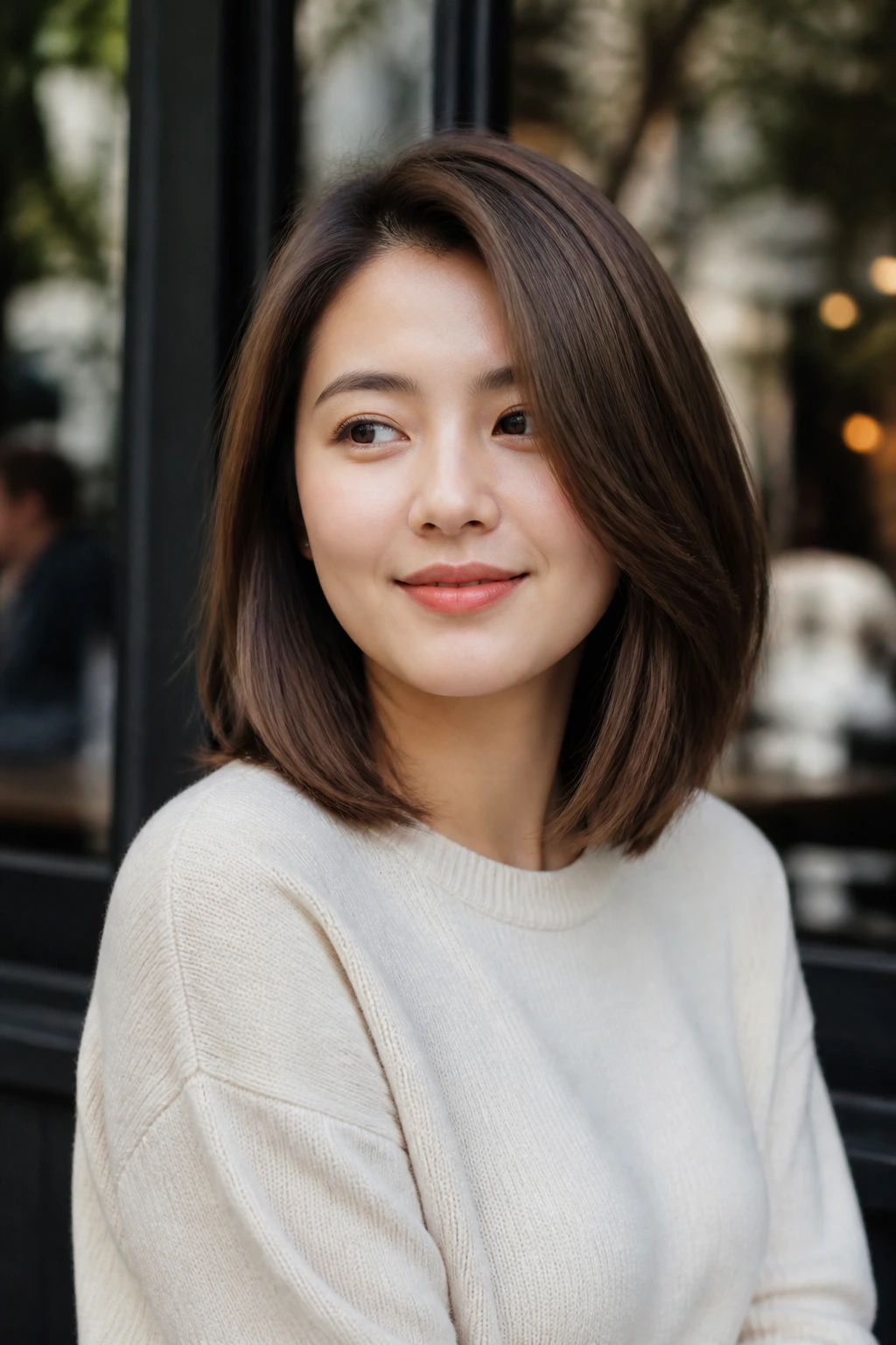 Real woman wearing a lob styled with a side part in a casual outdoor setting