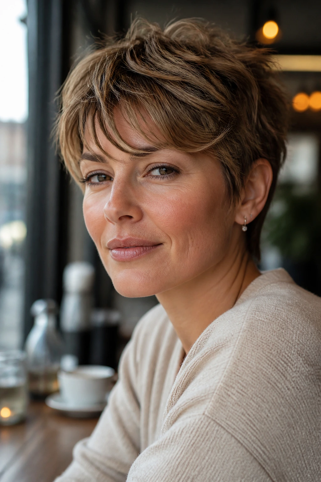 Portrait of a woman with pixie shape wearing a daily look near a cafe window