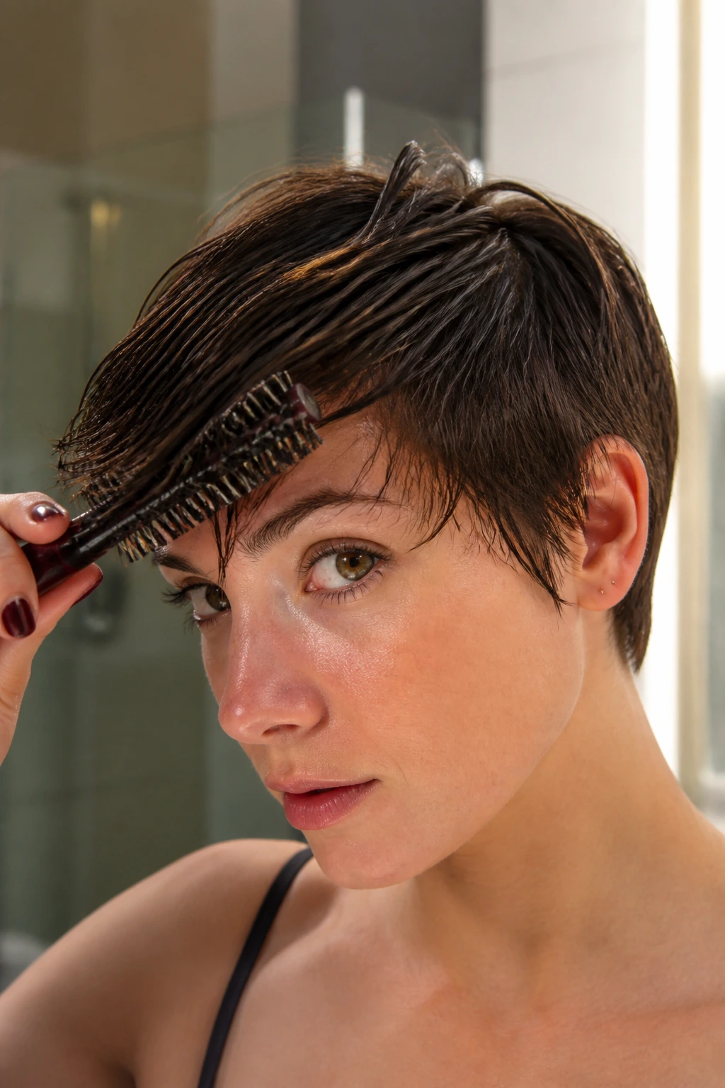 Person directing their fringe across the forehead during morning styling.