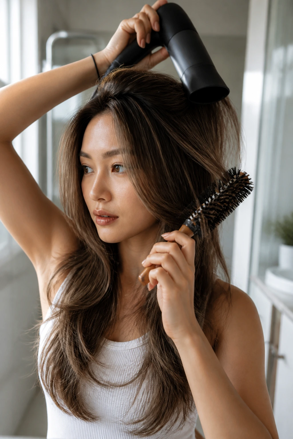 Real woman styling long Korean layers with a round brush in natural daylight