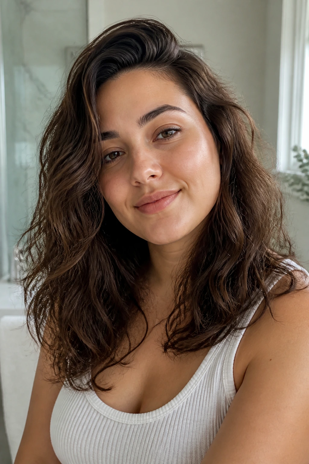 Portrait of a woman with thick wavy hair styled for day-to-day wear