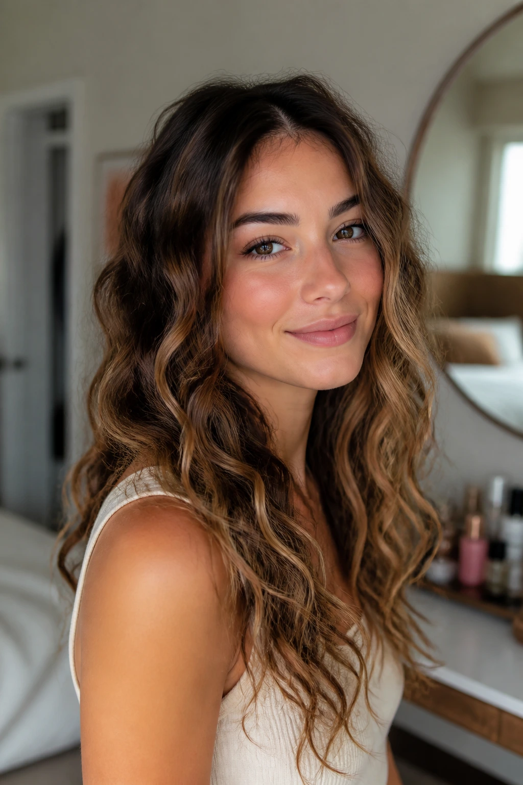 Portrait of a person with lasting wavy hairstyle at a vanity