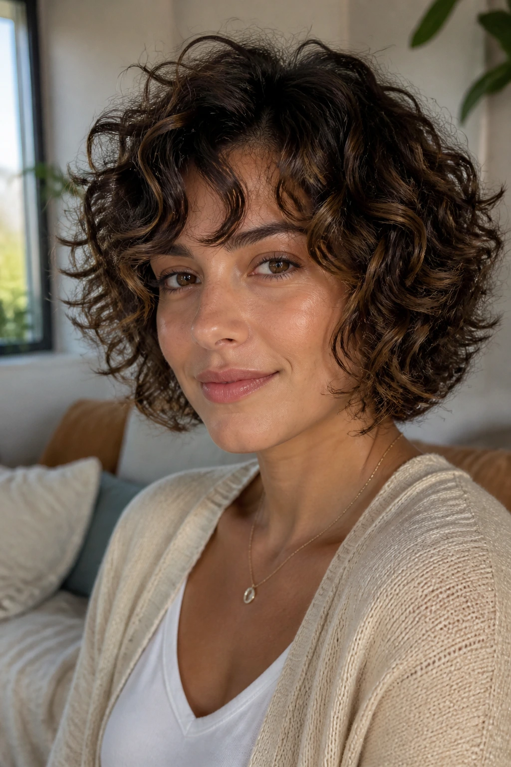 Close-up of a real person with a curly bob in a home setting