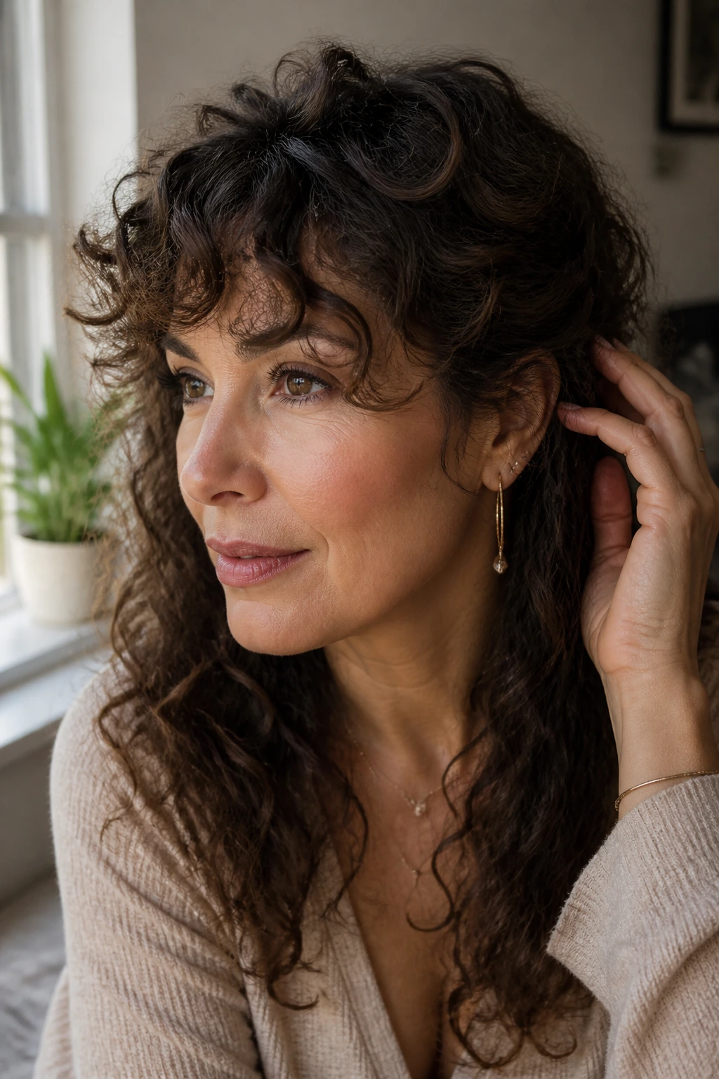 Close-up of a woman with long curly bangs styled for daily wear