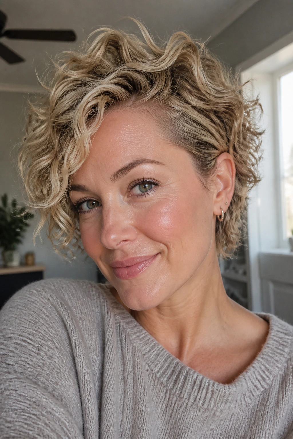 Real person with day-to-day curly blonde haircut, casual styling