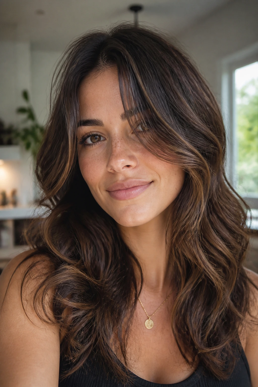 Real woman wearing wavy haircut with face-framing layers in daylight at home