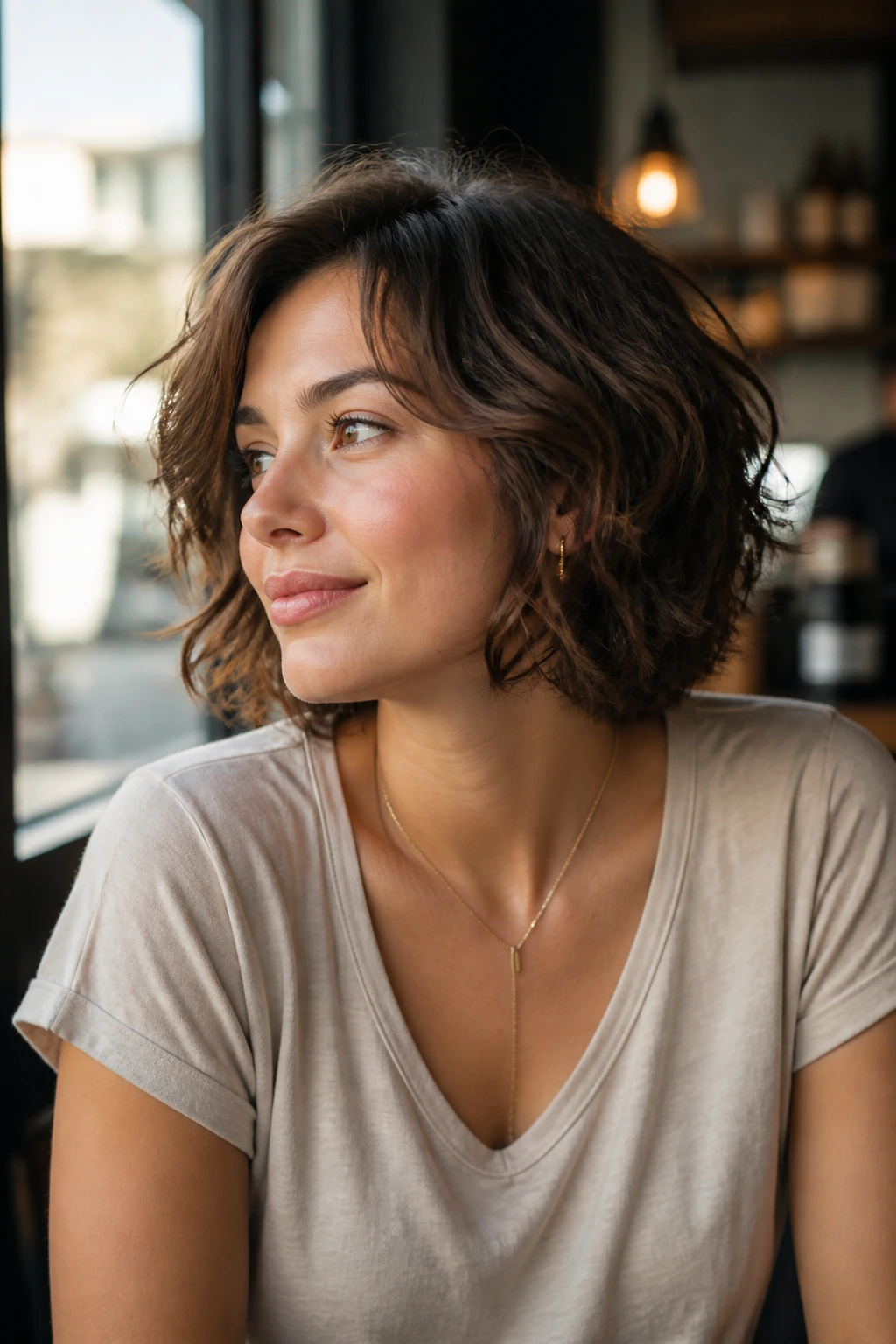 Real woman wearing a casual daily wavy bob at a sunlit cafe