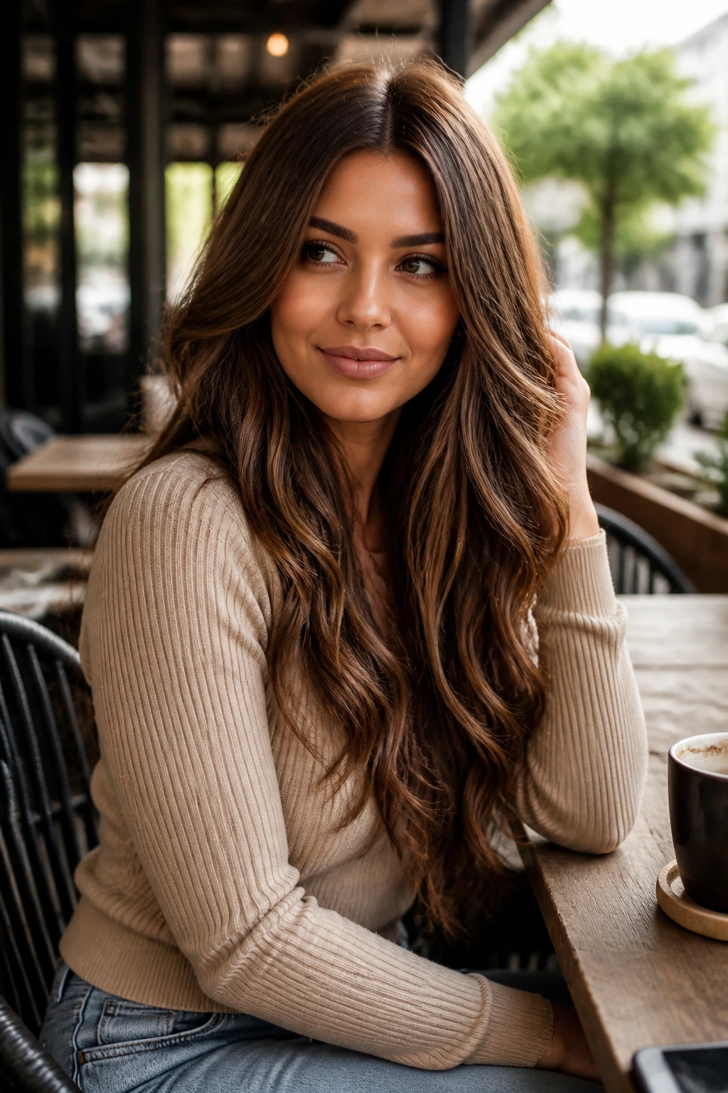 Real-life portrait of a woman wearing a monofilament wig in a casual outdoor setting