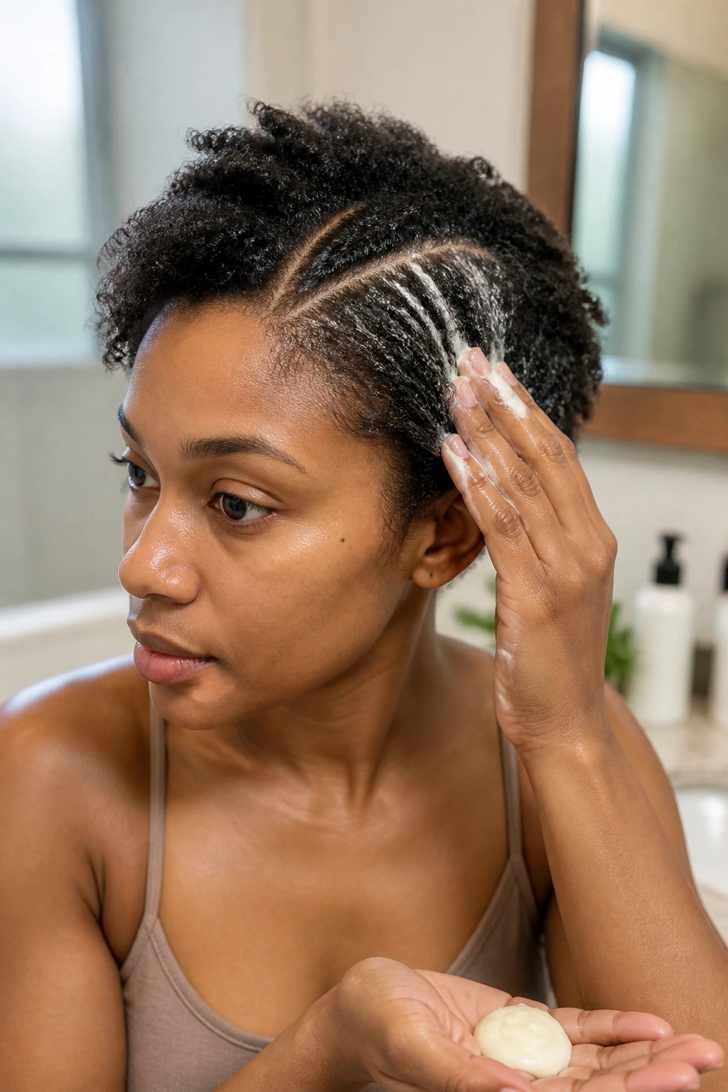Portrait of a woman applying leave-in conditioner to damp short twists