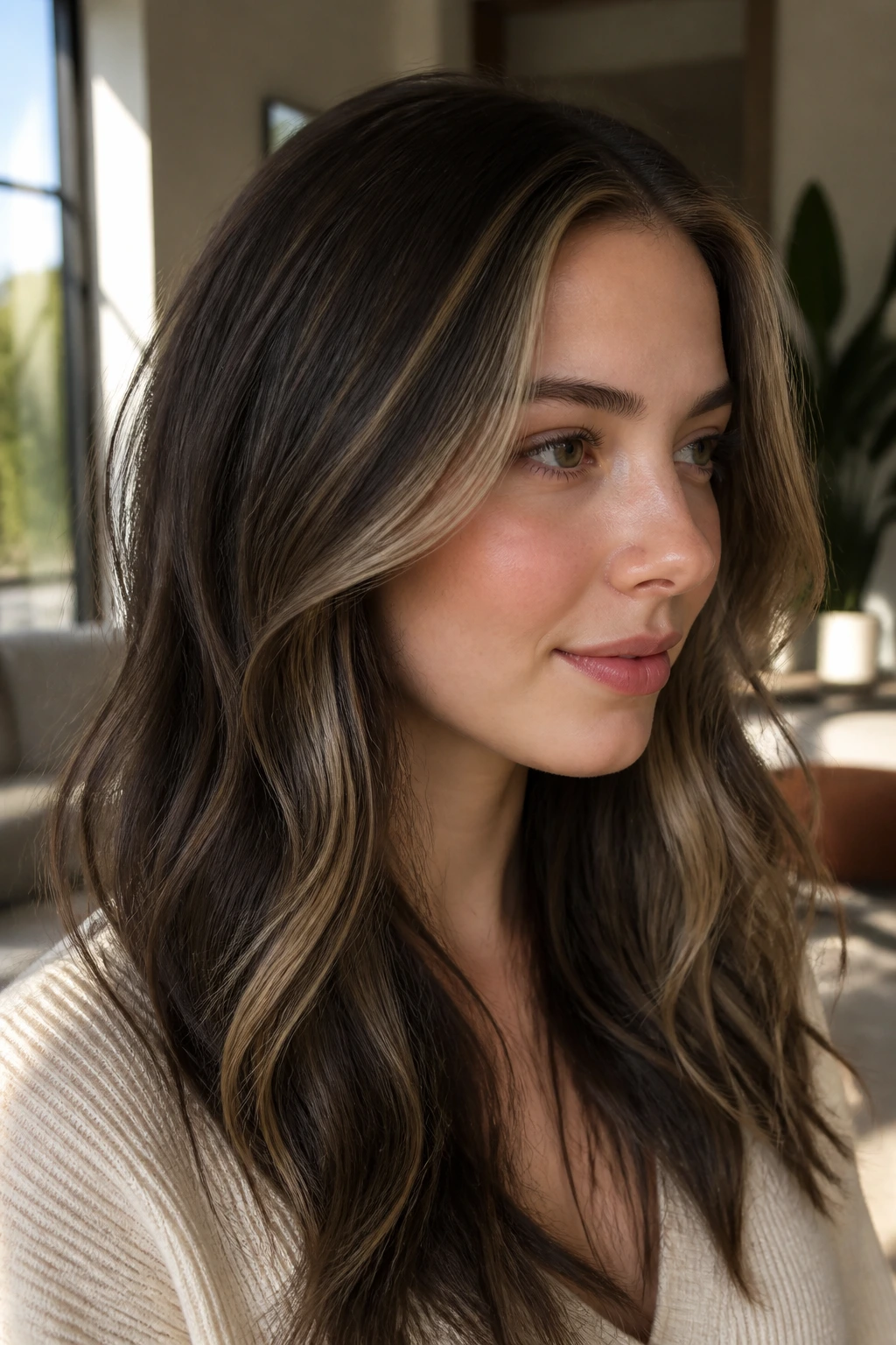 Real woman with beige babylights in dark ash brown hair