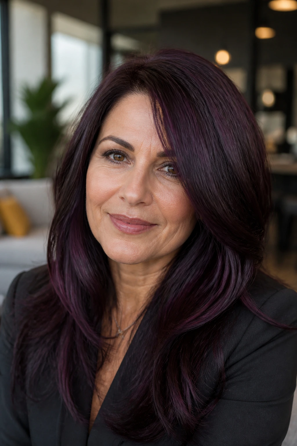Close-up of a real woman with dark aubergine gloss showing plum sheen.