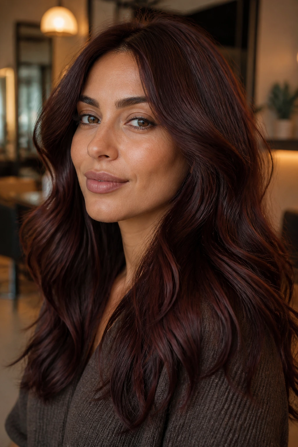 Portrait of a woman with dark auburn brown hair on olive skin.
