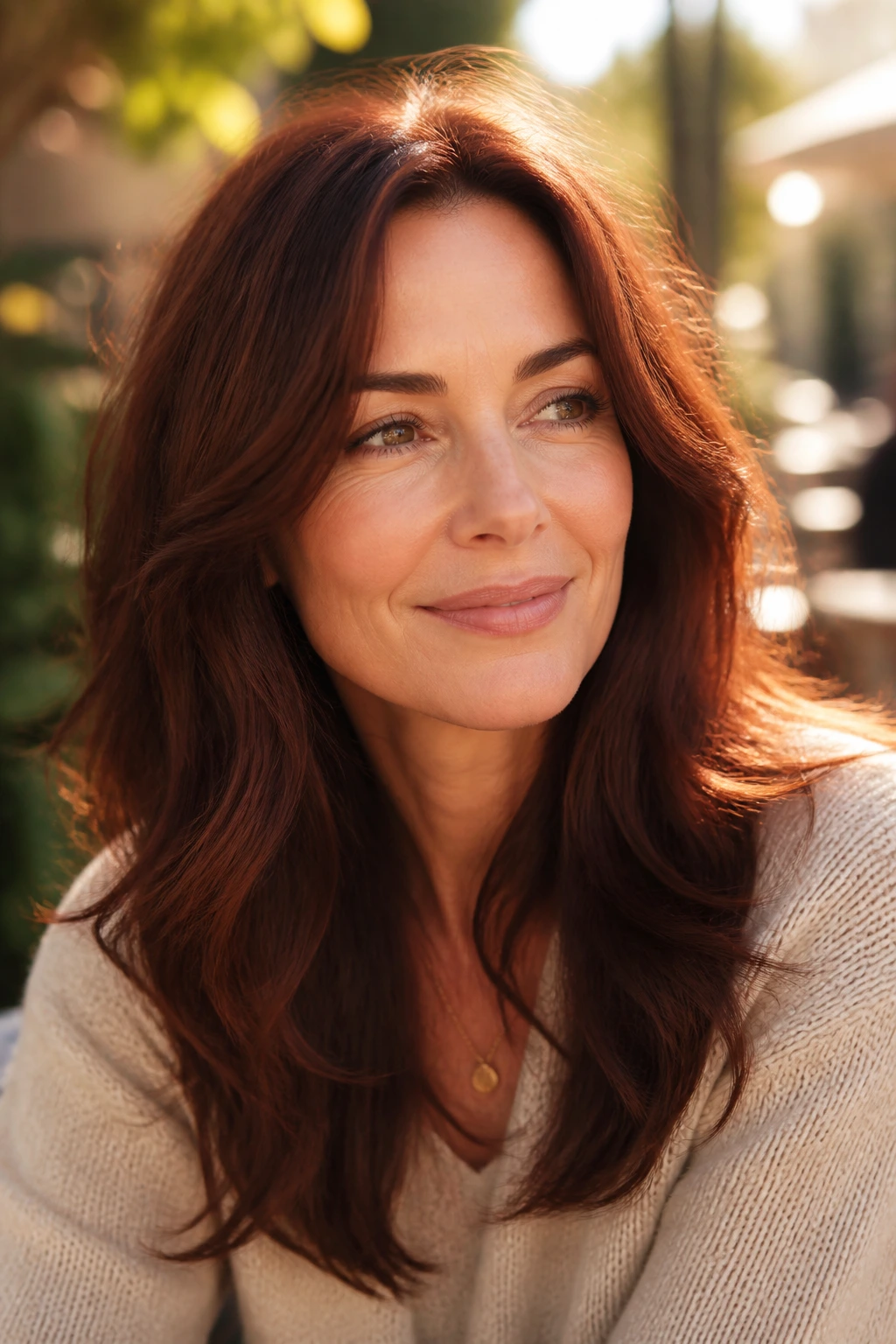 Close-up of a real woman with dark auburn glow hair under warm sunlight.