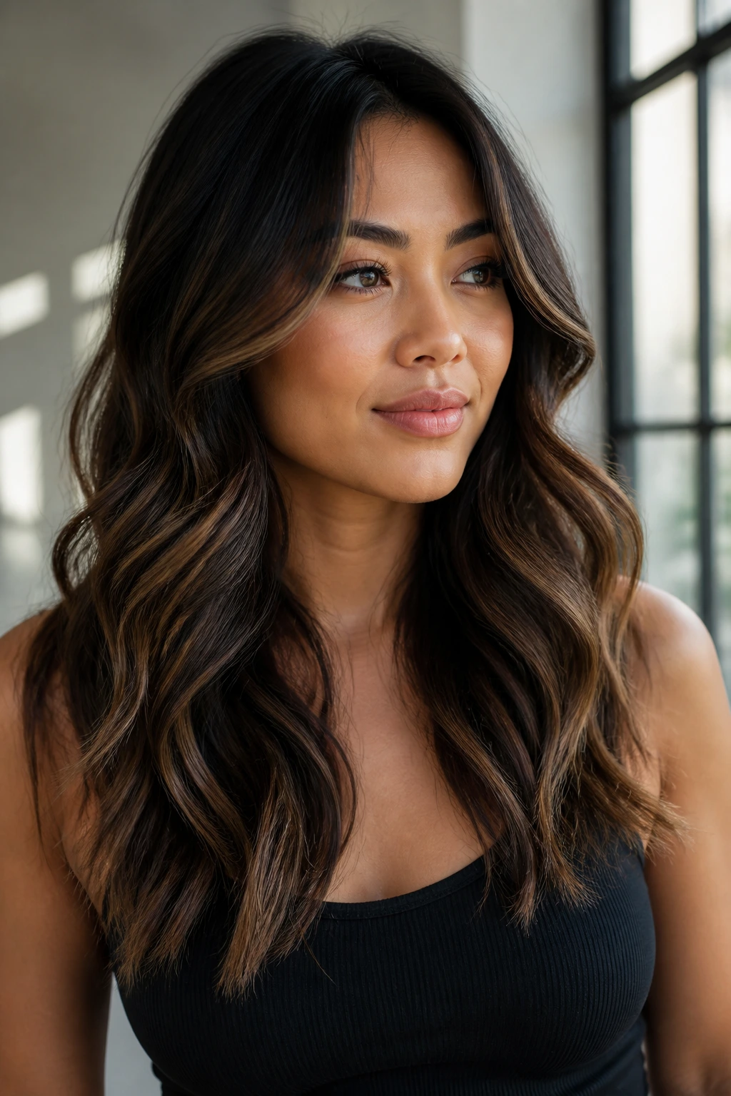 Portrait of a person with dark balayage styled in loose waves showing dimension