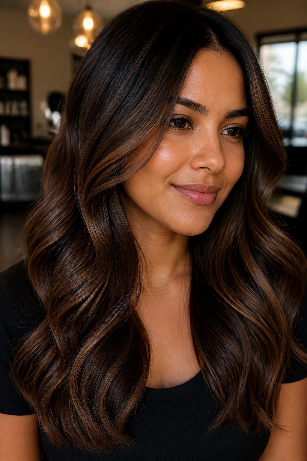 Close-up of glossy dark balayage on a real woman in a salon, highlighting fresh shine and caramel ribbons