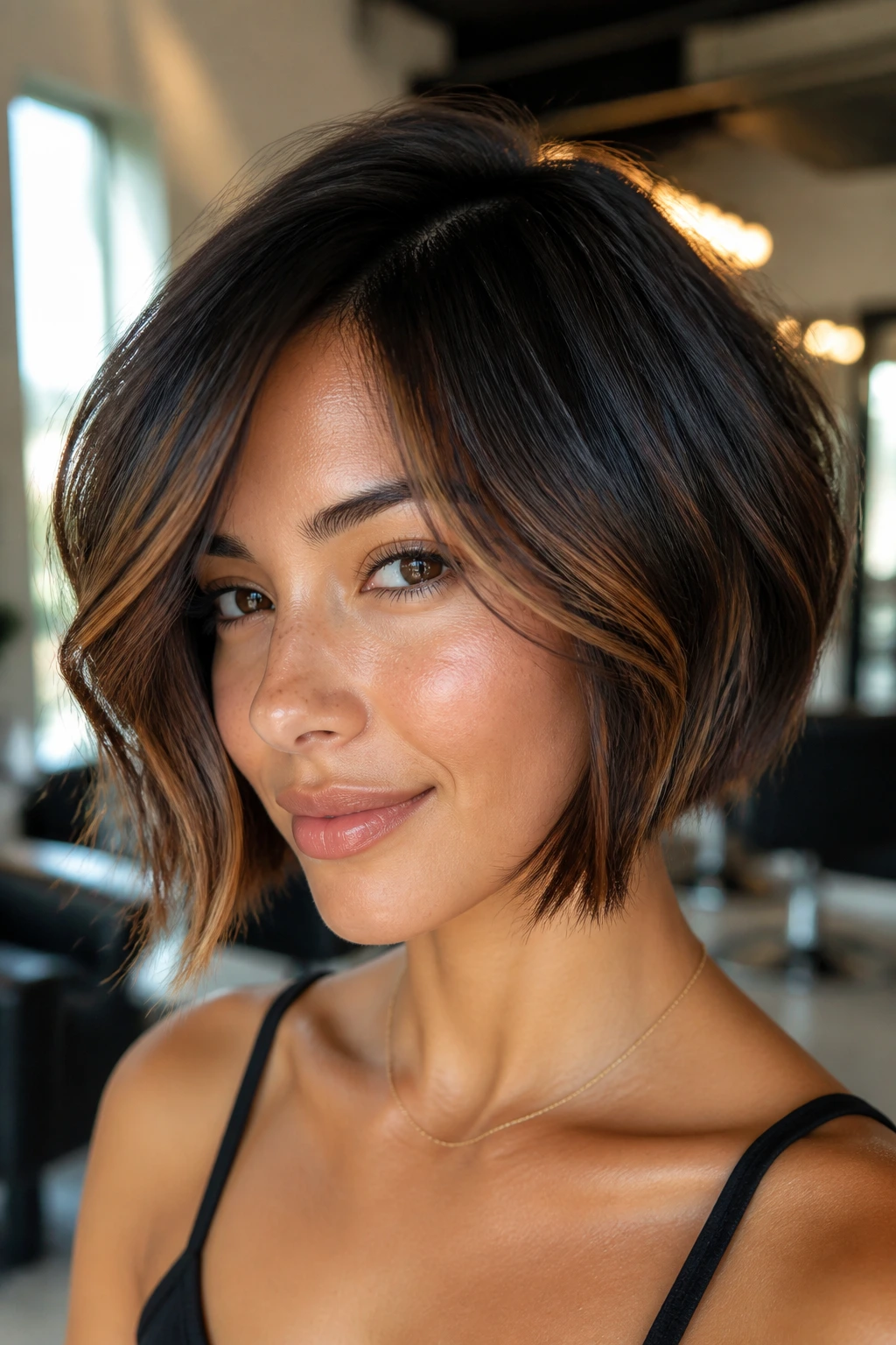 Close-up of dark short balayage on medium skin with caramel and bronze ribbons around cheek and fringe in warm light