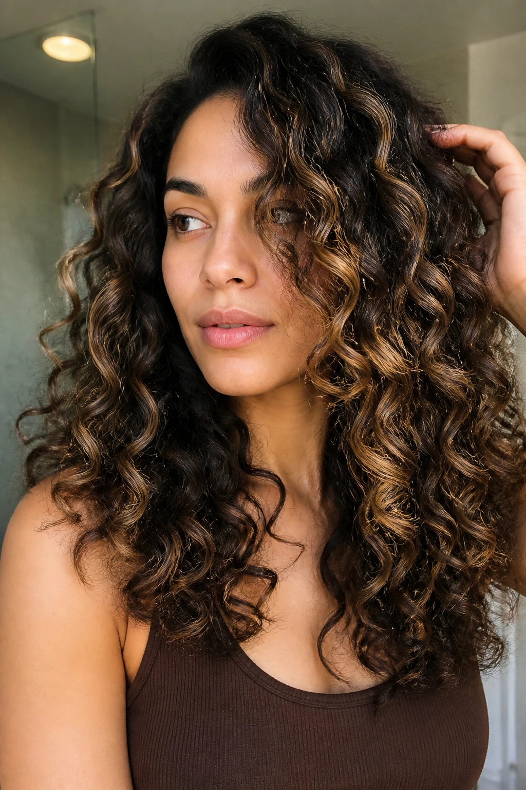Portrait of a woman with dark base hair and honey/beige blonde highlights.