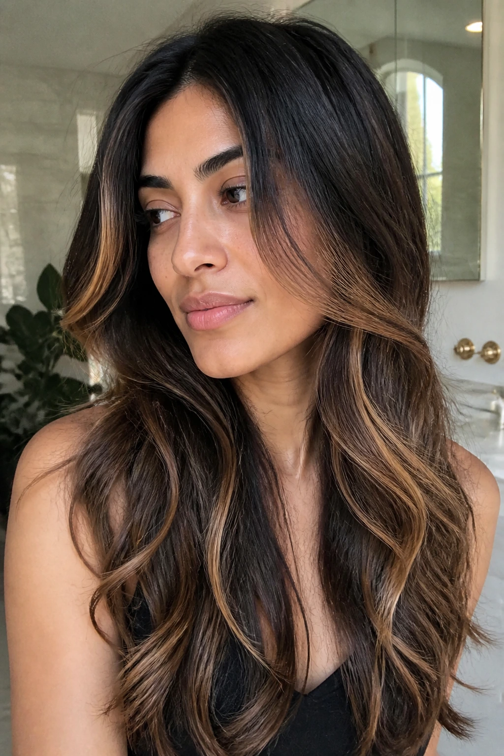 Near-black hair with honey caramel near the face and beige caramel at mid-lengths