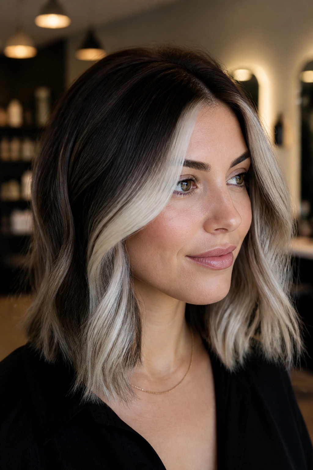 Close-up portrait of a real person showing a dark base with cool blonde highlights.