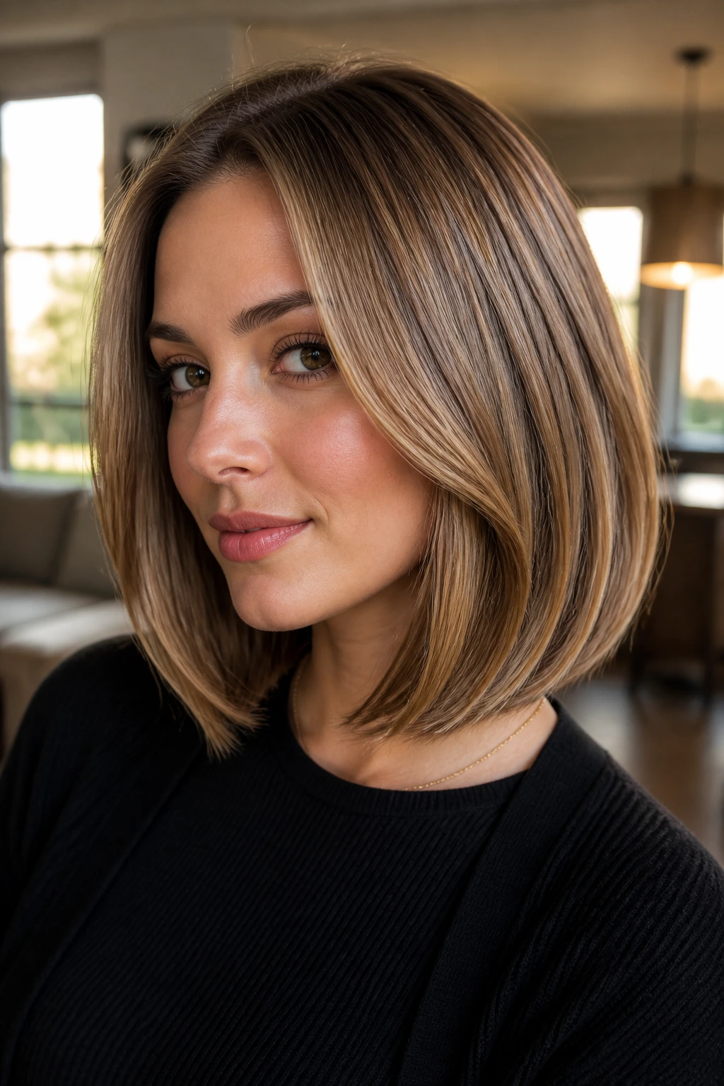 Close-up of a real woman with a glossy dark blonde bob featuring a subtle bend at the front and face-framing pieces in warm window light