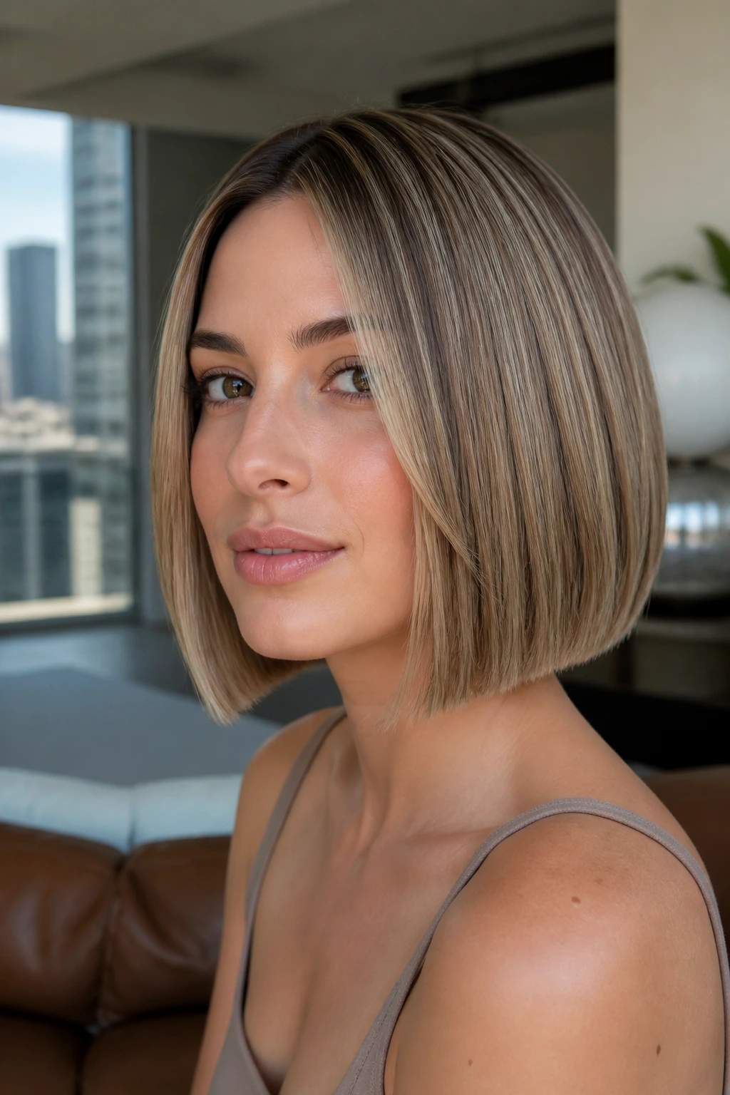 Portrait of a dark blonde bob with lowlights creating depth.