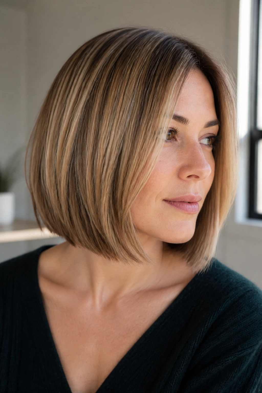 Portrait of a real woman with a refined dark blonde bob and subtle shadowing