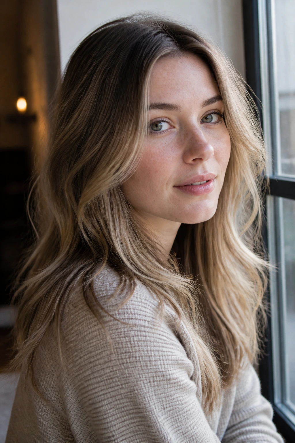 Portrait showing multi-tone dark blonde hair with depth on pale skin