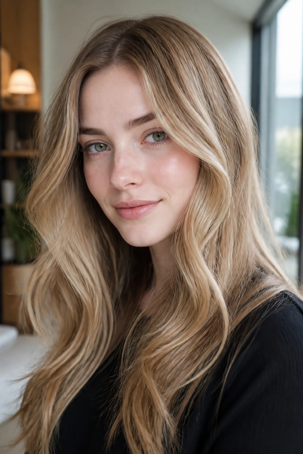 Close-up of a real woman with dark blonde hair color flattering pale skin