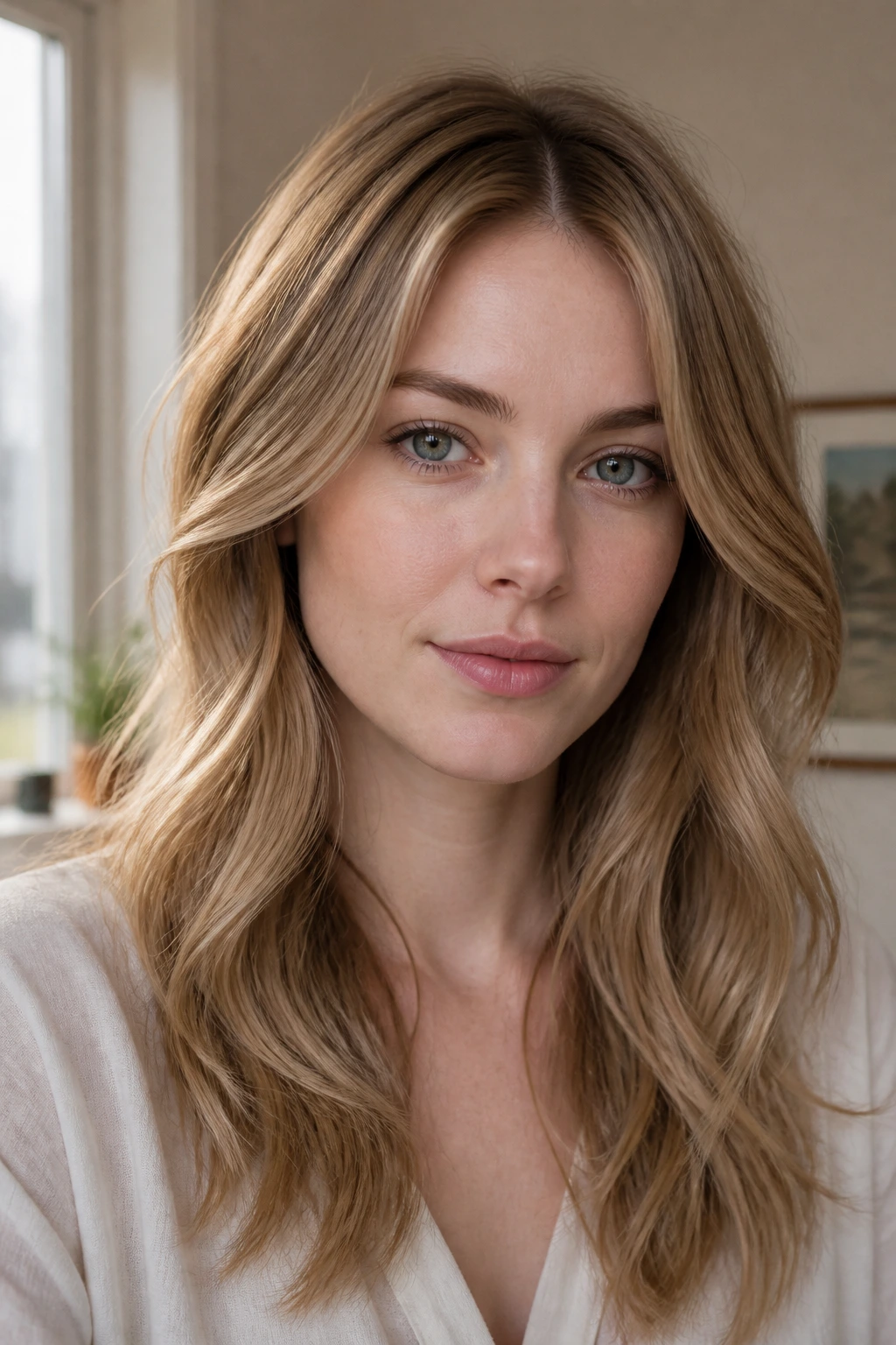 Close-up portrait of a woman with dark blonde hair and pale skin, natural window light.