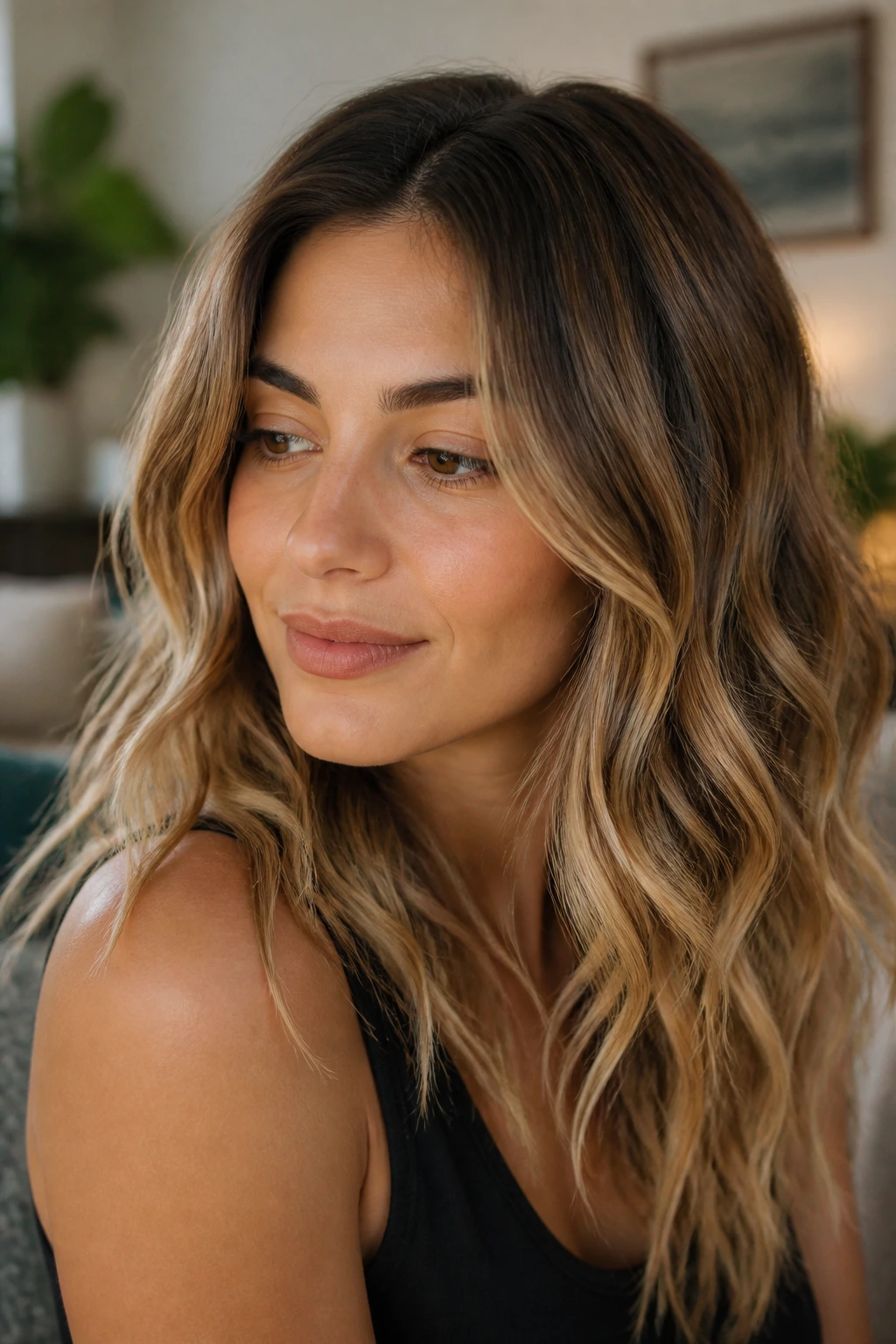 Close-up portrait of a person with dark blonde ombre on olive skin and wavy hair, natural window light