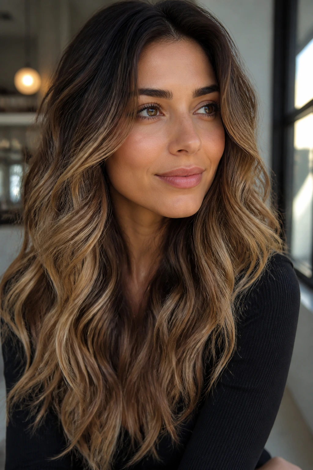 Close-up of a real person with dark blonde ombre on olive skin and wavy hair
