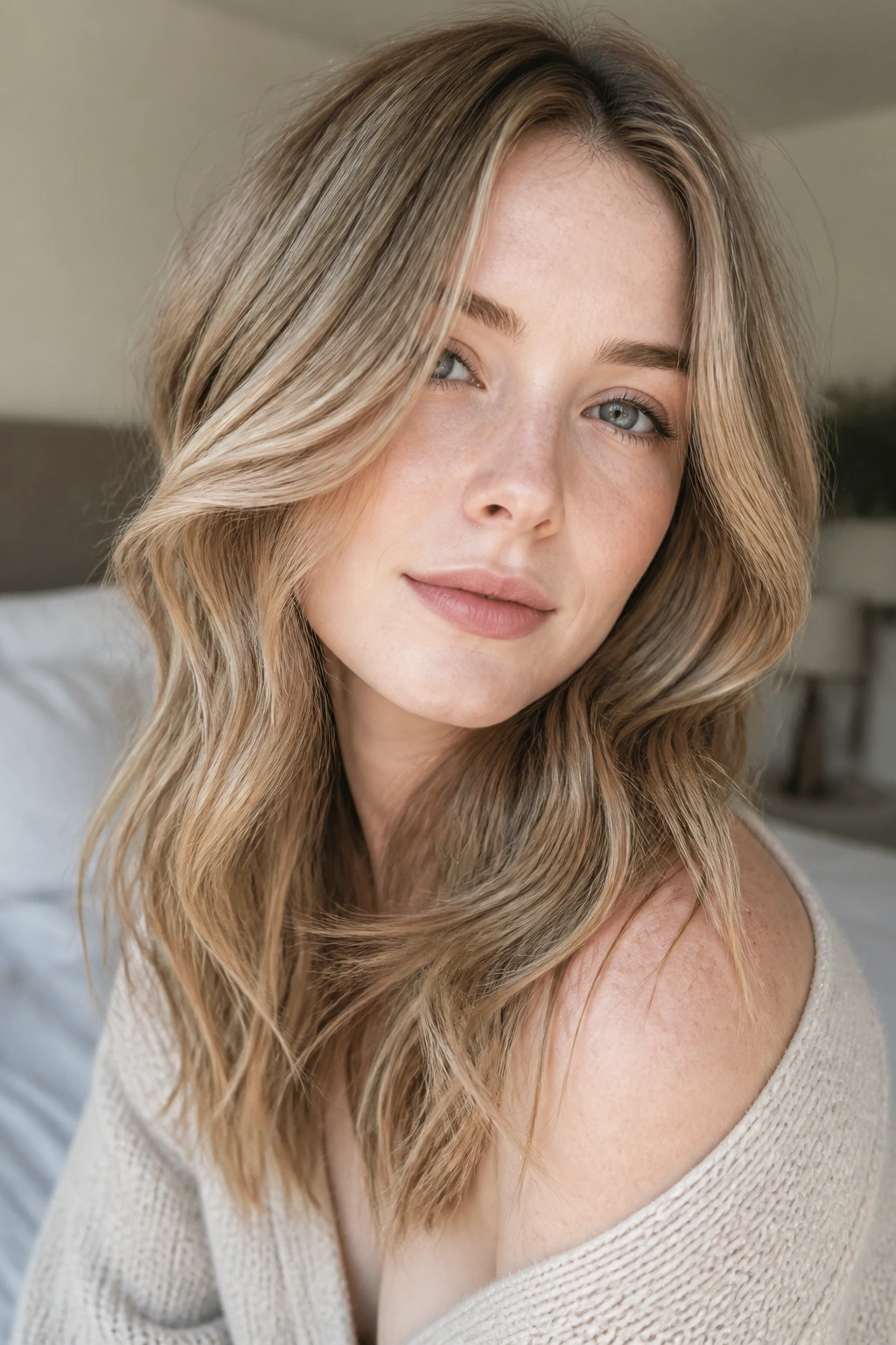 Close-up portrait of a pale-skinned person with dark blonde hair showing soft contrast and natural lighting.