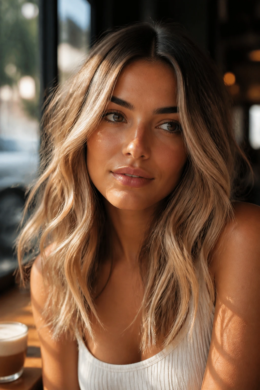 Portrait of a real person with multi-tone dark blonde hair in warm sunlight