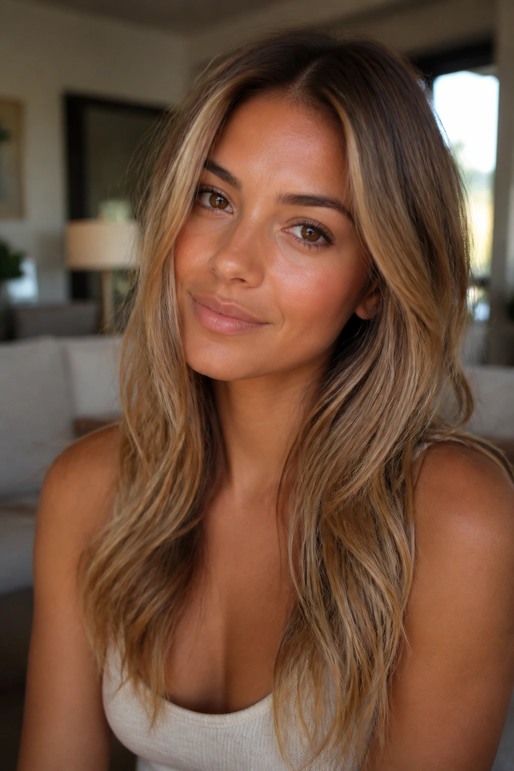 Portrait of a person with dark blonde hair and tan skin showing balance and warmth