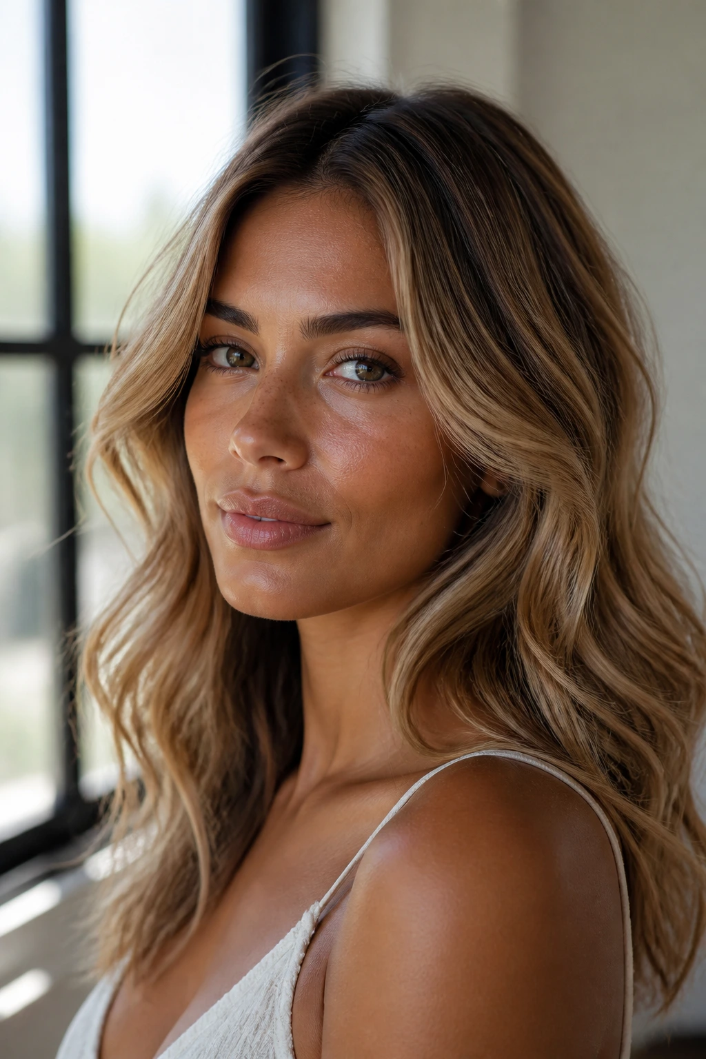 Portrait of a woman with dark blonde hair and tan skin wearing soft waves