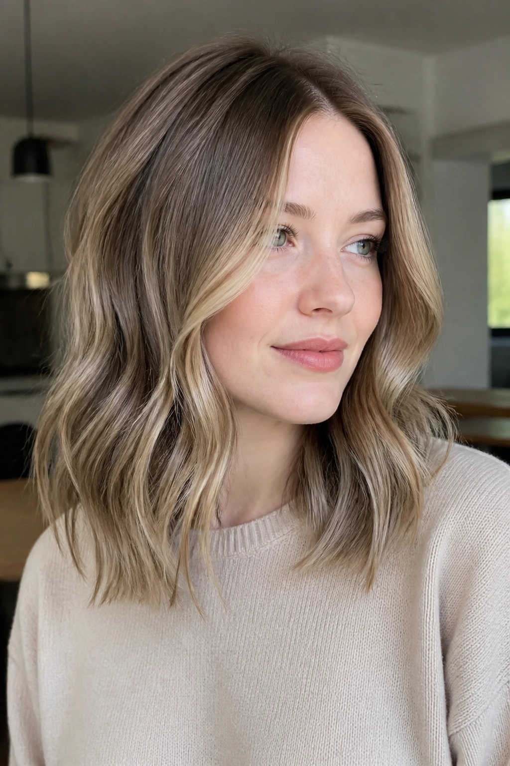Portrait of pale-skinned woman with dark blonde hair showing ash mushroom and honey highlights