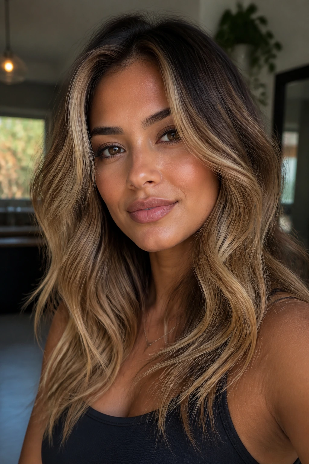 Portrait showing multi-tonal dark blonde shades with deep root