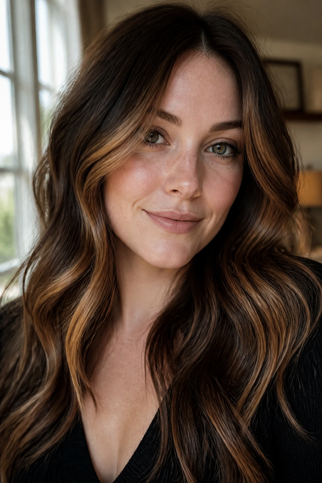 Close-up of a real woman with dark brown hair and caramel balayage framing the face.