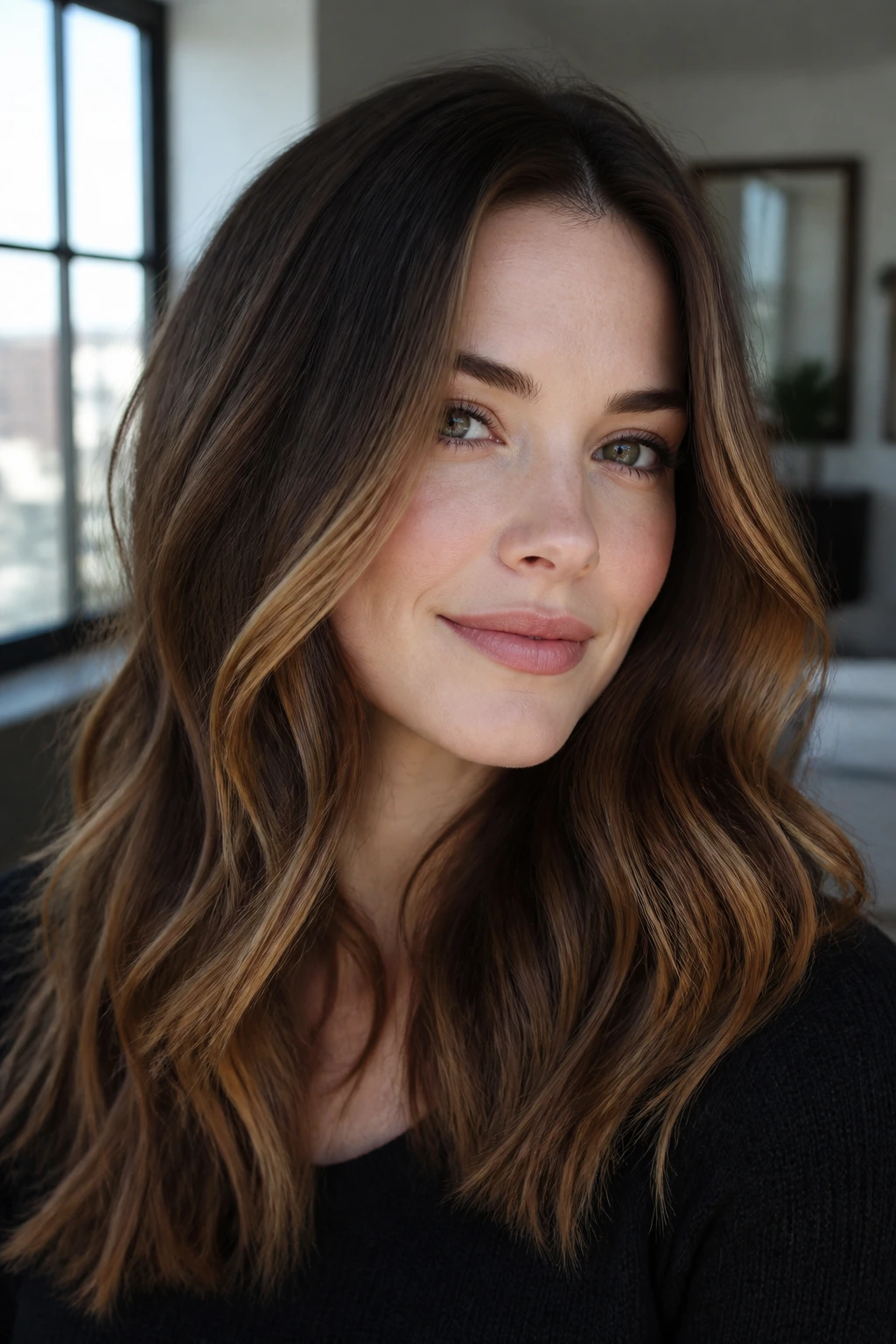 Close-up of a fair-skinned person with a dark brown base and caramel ribbons framing the face.