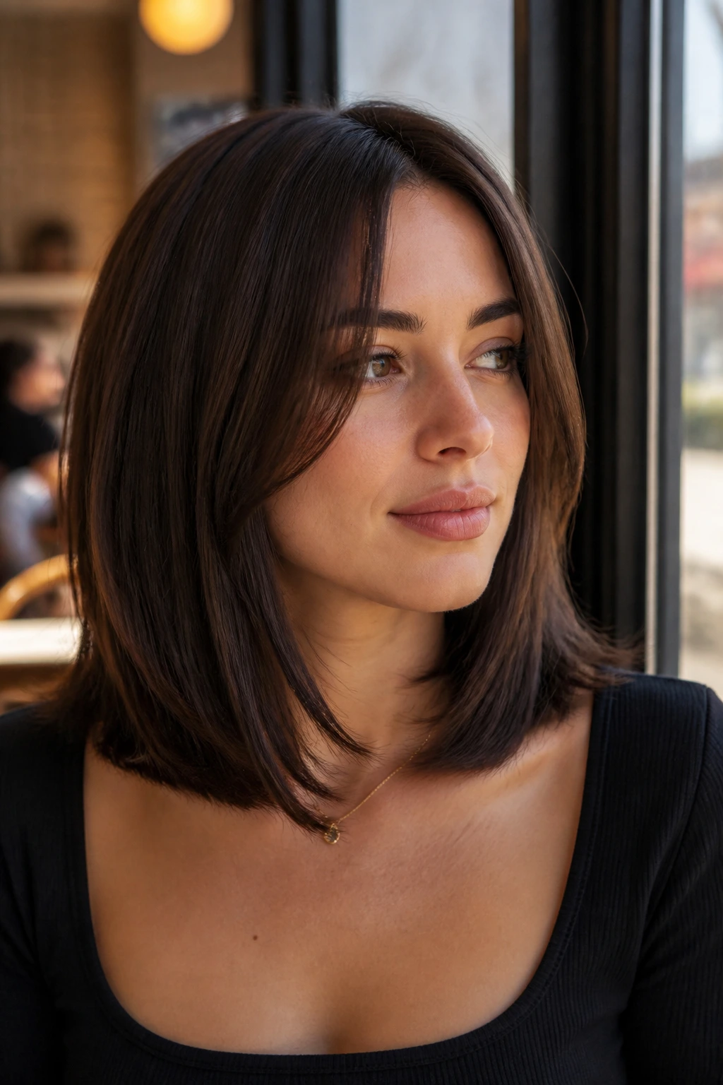 Close-up of a real woman with dark brown chin-framing pieces on a mid-length cut