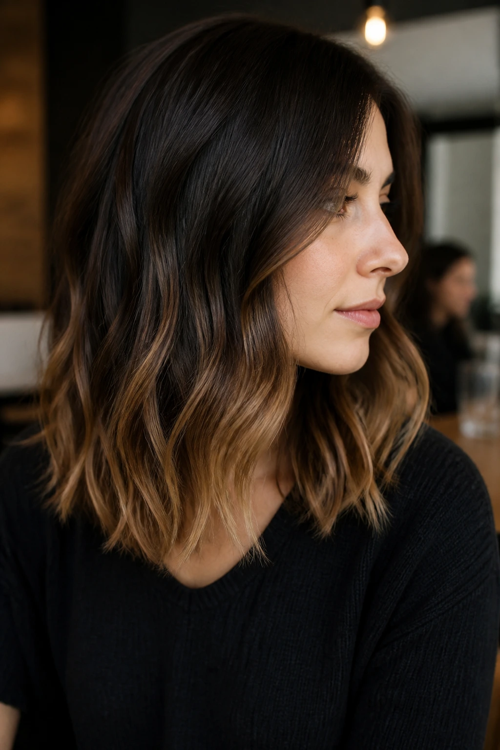 Dark brown foilyage with soft caramel ends on a real person